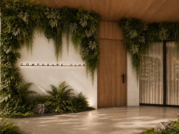 A rendering of the Composure Club entrance: a planted wall and timber door