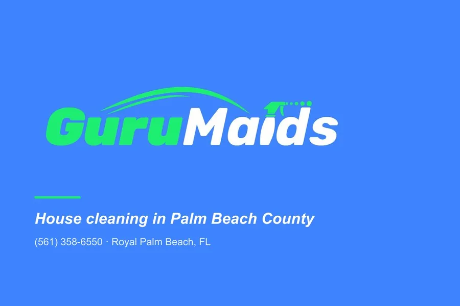 The Guru Maids logo in green and white on a blue card, with the line "House cleaning in Palm Beach County" and the business phone number
