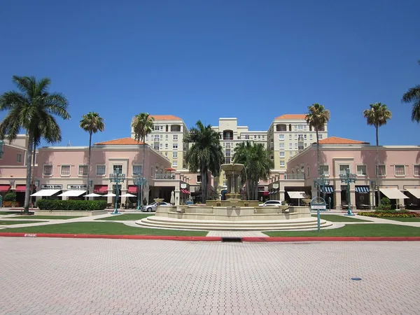 The fountain and storefronts at Mizner Park, Boca Raton