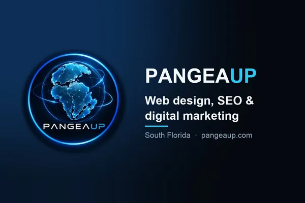 The PangeaUp logo — a glowing globe badge — beside the words "Web design, SEO & digital marketing" on a dark blue card