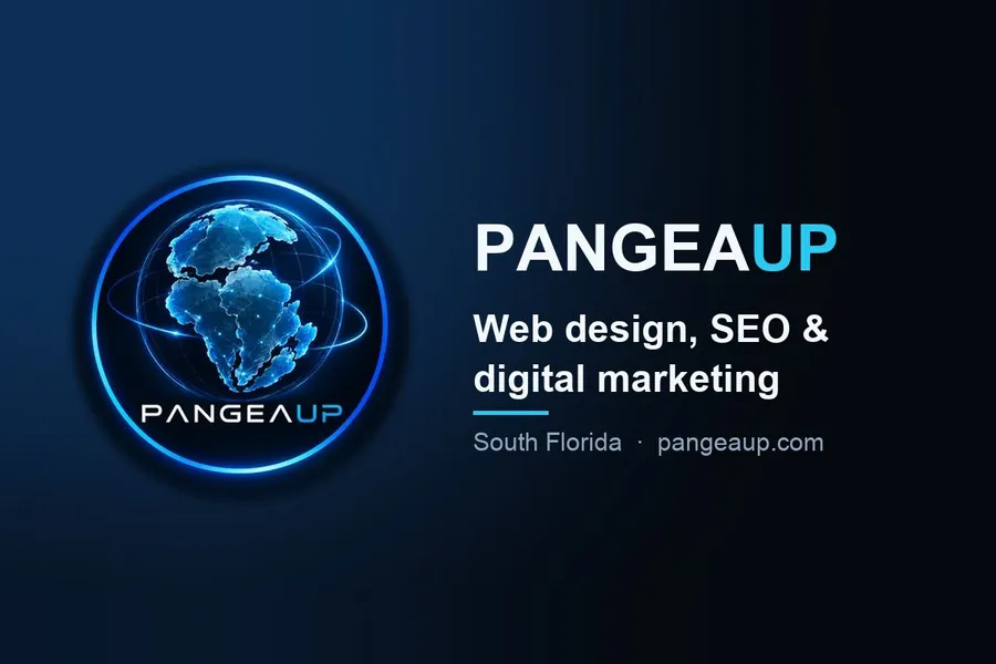 The PangeaUp logo — a glowing globe badge — beside the words "Web design, SEO & digital marketing" on a dark blue card