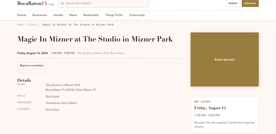 The event sponsor in place on the live site, marked in brass
