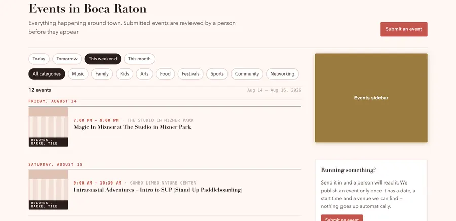 The events sidebar in place on the live site, marked in brass