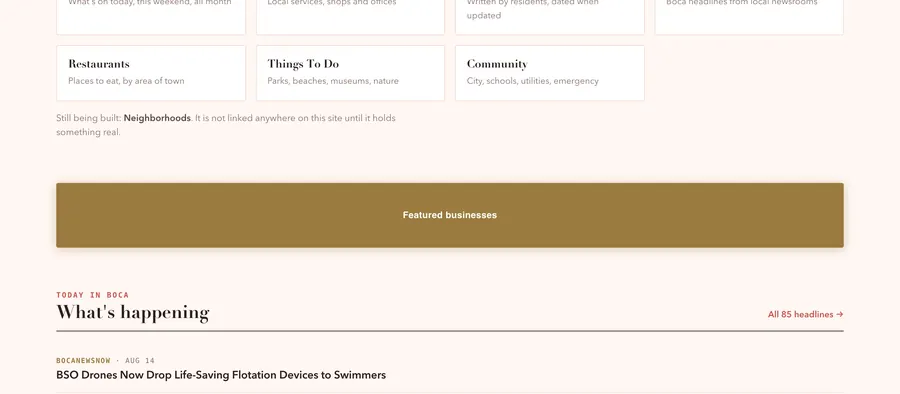 The featured businesses in place on the live site, marked in brass