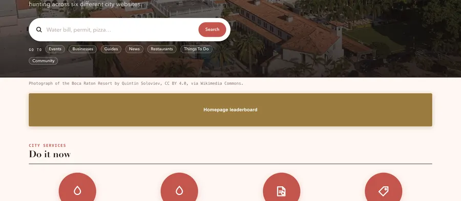 The homepage leaderboard in place on the live site, marked in brass