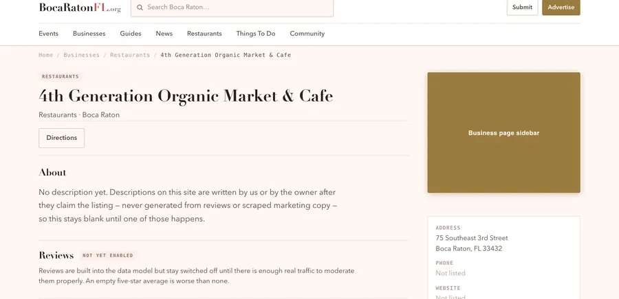 The business page sidebar in place on the live site, marked in brass